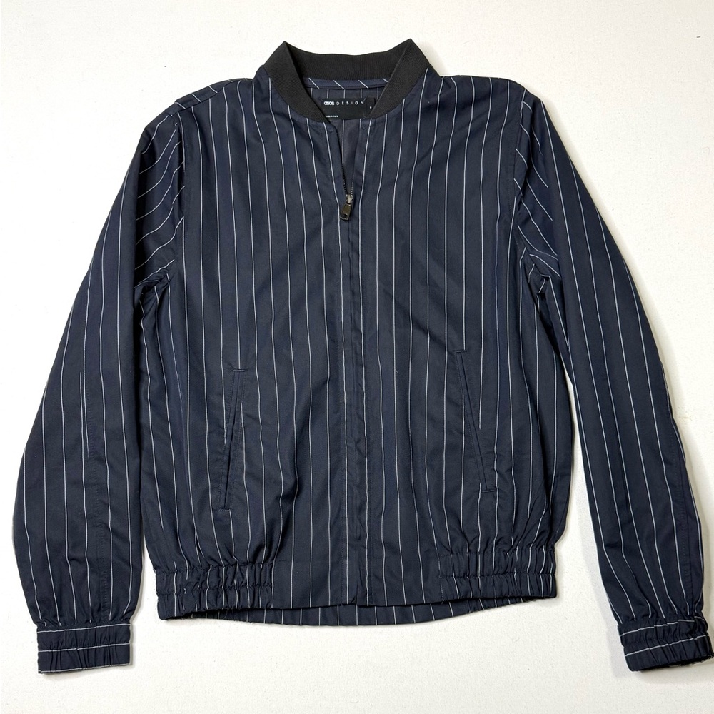 ASOS Design Men's Navy Pinstripe Slim Fit Bomber Jacket Size Medium